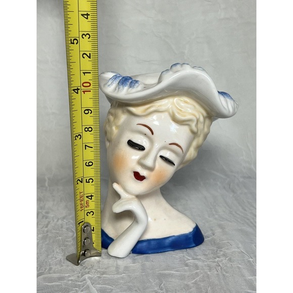 Vintage Lady Head Vase, Blue, Hand To Face, Striking - Picture 2 of 7